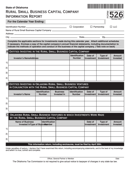 Fillable Form 526 - Rural Small Business Capital Company Information Report - 2007 Printable pdf