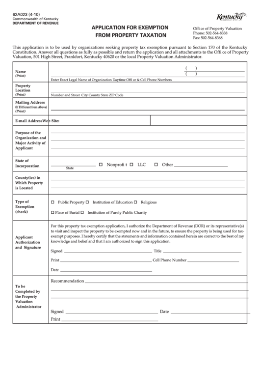 Fillable Form 62a023 - Application For Exemption From Property Taxation Printable pdf