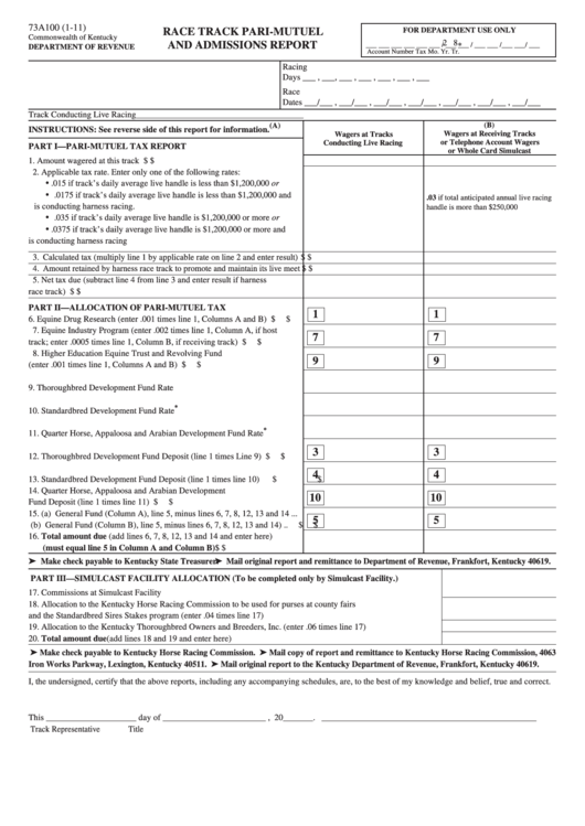 Form 73a100 - Race Track Pari-Mutuel And Admissions Report - Commonwealth Of Kentucky Department Of Revenue Printable pdf