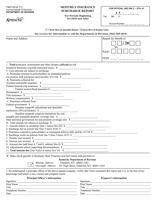Form 74a118 - Monthly Insurance Surcharge Report Printable pdf