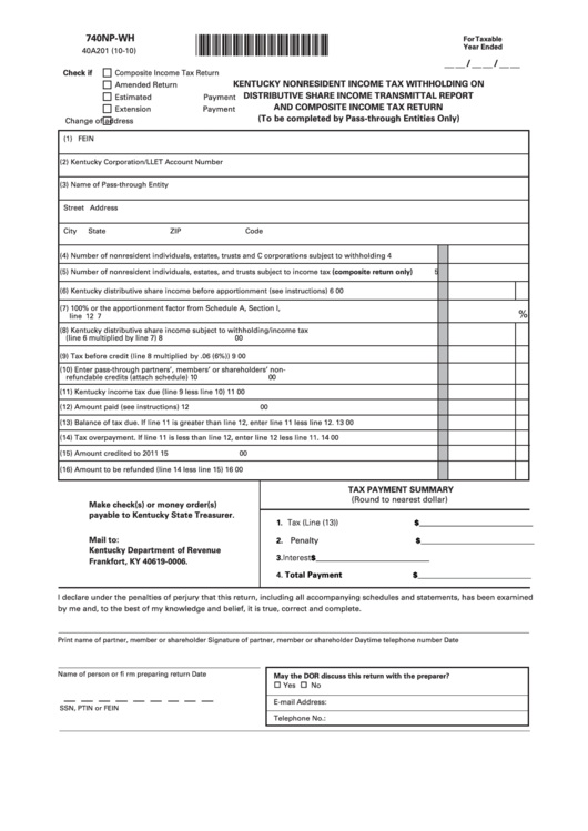Form 740np-Wh - Kentucky Nonresident Income Tax Withholding On Distributive Share Income Transmittal Report And Composite Income Tax Return Printable pdf