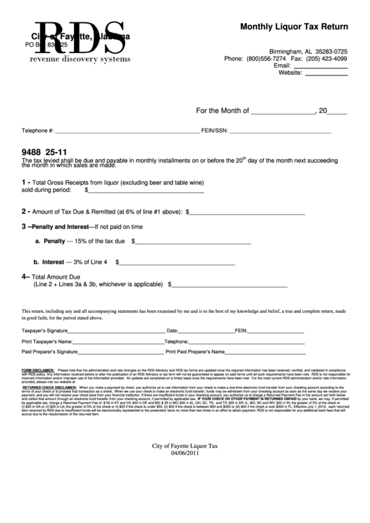 Form 9488 25-11 - Monthly Liquor Tax Return City Of Fayette - 2011 Printable pdf