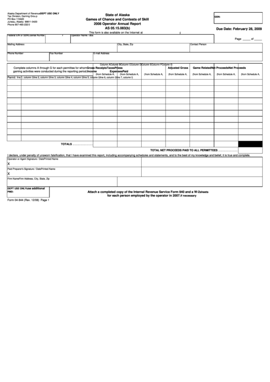 Form 04-844 - Operator Quarterly Report - 2008 Printable pdf