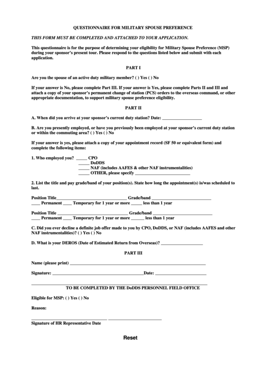 Fillable Questionnaire For Military Spouse Preference Printable pdf