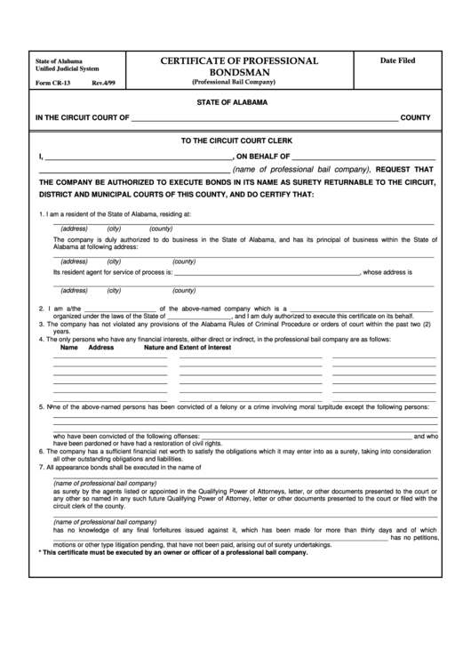 Fillable Form Cr-13 - Certificate Of Professional Bondsman Printable pdf