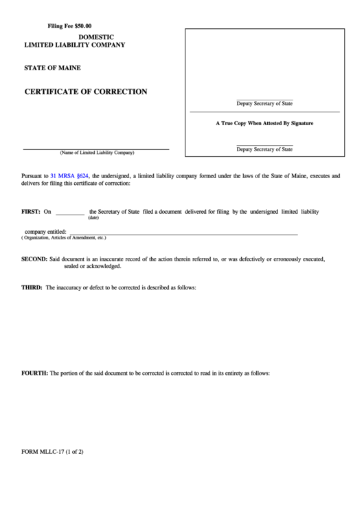 Fillable Form Mllc-17 - Domestic Limited Liability Company Certificate Of Correction - 2008 Printable pdf