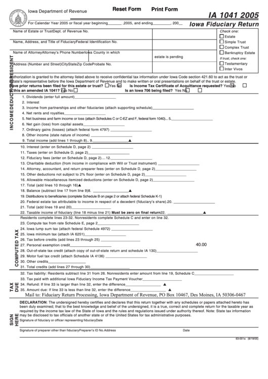 Fillable Form Ia 1041 - Iowa Fiduciary Return - 2005 Printable pdf