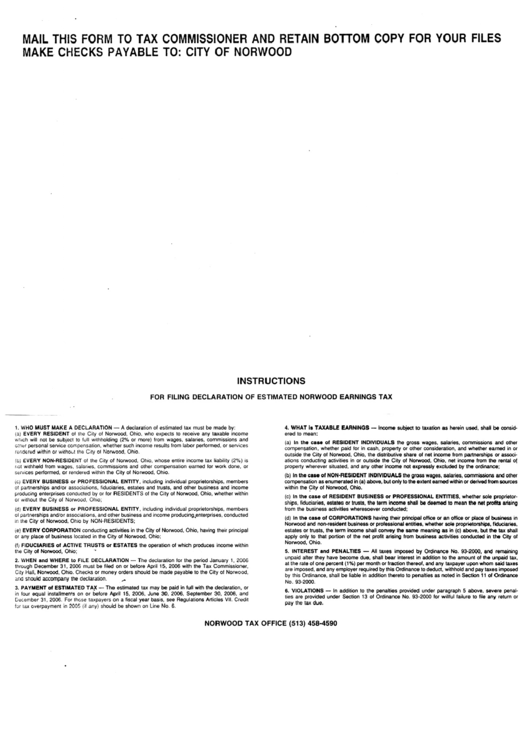 Instruction For Declaration Of Estimated Norwood Earnings Tax Printable pdf