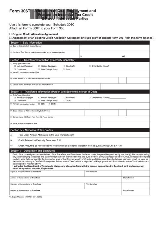 Form 306t - Allocation Of Coal Employment And Production Incentive Tax Credit Between Interested Parties - 2008 Printable pdf