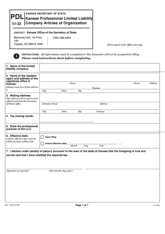 Form Pdl 51-22 - Kansas Professional Limited Liability Company Articles Of Organization - 2010 Printable pdf