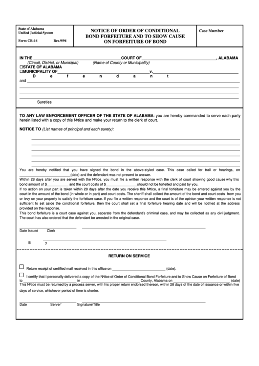 Fillable Form Cr-16 - Notice Of Order Of Conditional Bond Forfeiture And To Show Cause On Forfeiture Of Bond Printable pdf