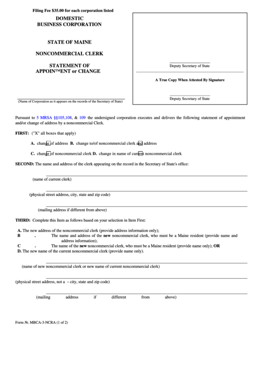Fillable Form Mbca-3-Ncra - Statement Of Appointment Or Change Printable pdf