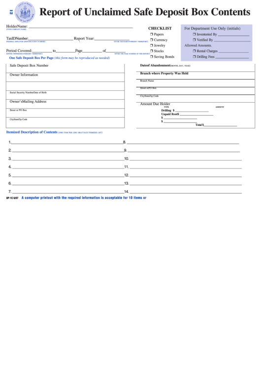 Form Up-1c - Report Of Unclaimed Safe Deposit Box Contents Printable pdf
