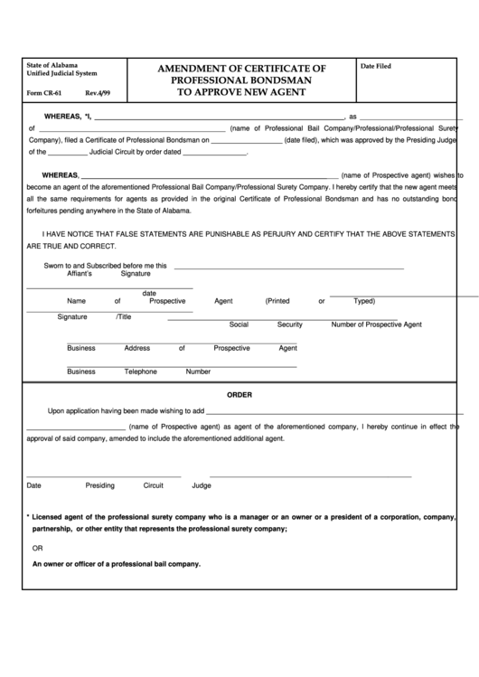 Fillable Form Cr-61 - Amendment Of Certificate Of Professional Bondsman To Approve New Agent Printable pdf