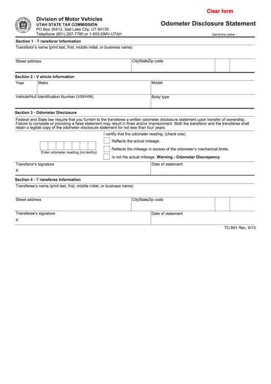 Fillable Form Tc-891 - Odometer Disclosure Statement - 2010 Printable pdf