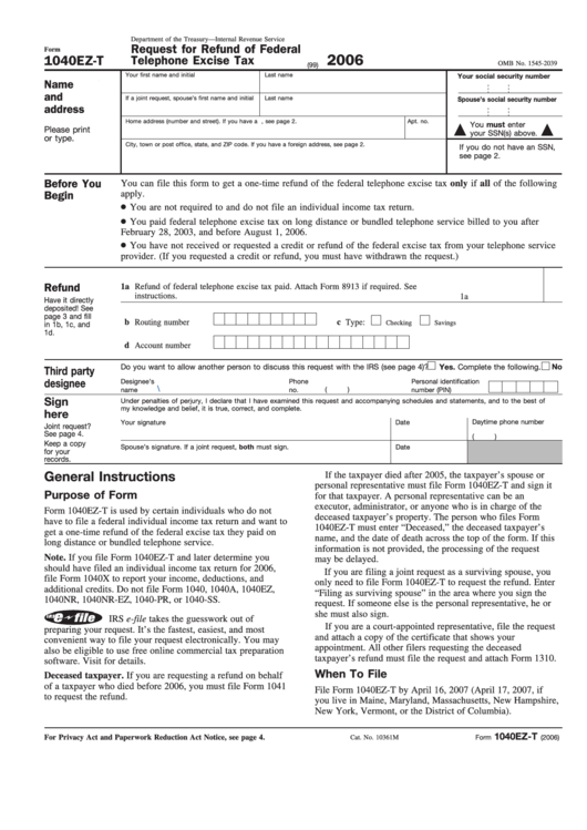 Fillable Form 1040ez-T - Request For Refund Of Federal Telephone Excise Tax 2006 Printable pdf