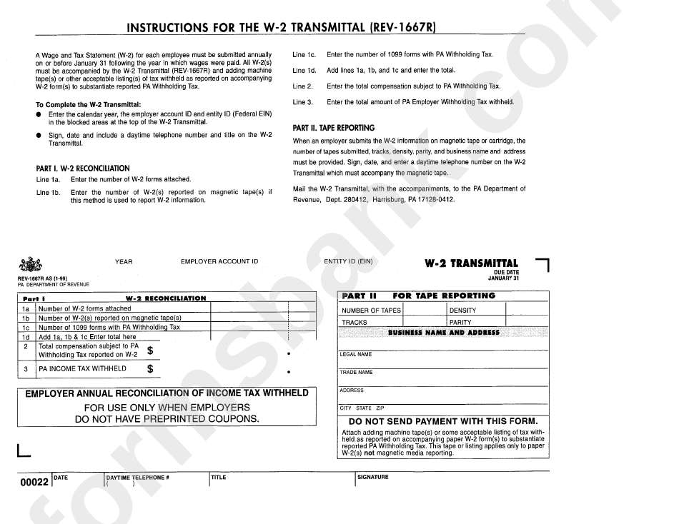 Instruction For The W-2 Transmittal (Rev-1667r) Form - A Wage And Tax Statement