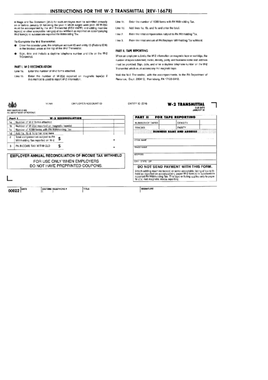 Instruction For The W-2 Transmittal (Rev-1667r) Form - A Wage And Tax Statement Printable pdf