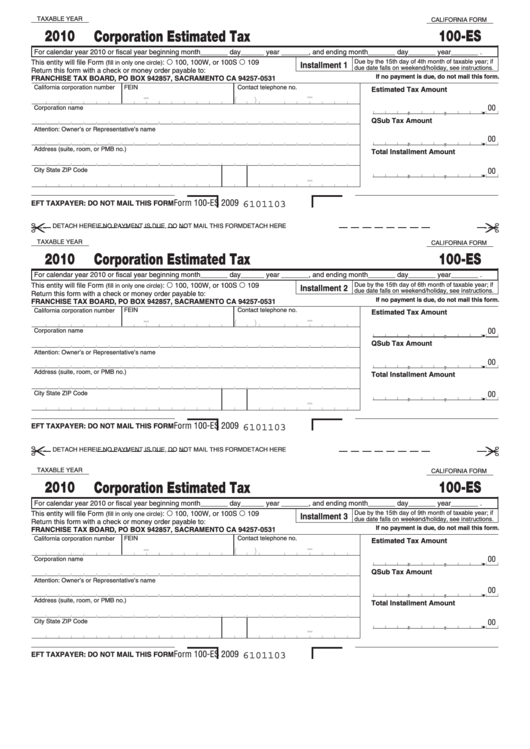 Fillable Californiaform 100-Es - Corporation Estimated Tax - 2010 Printable pdf