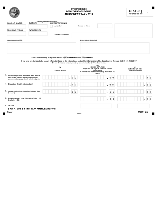 Form 7510 - City Of Chicago Amusement Tax Printable pdf