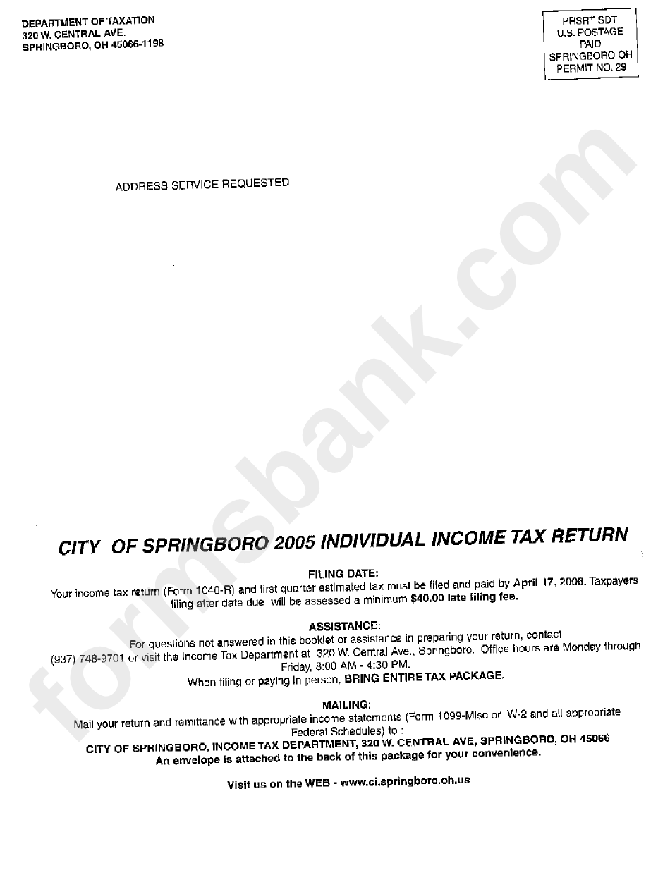 City If Springbord Individual Income Tax Return Instruction - 2005
