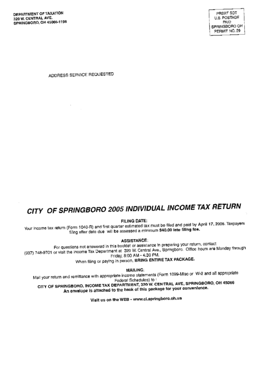 City If Springbord Individual Income Tax Return Instruction - 2005 Printable pdf