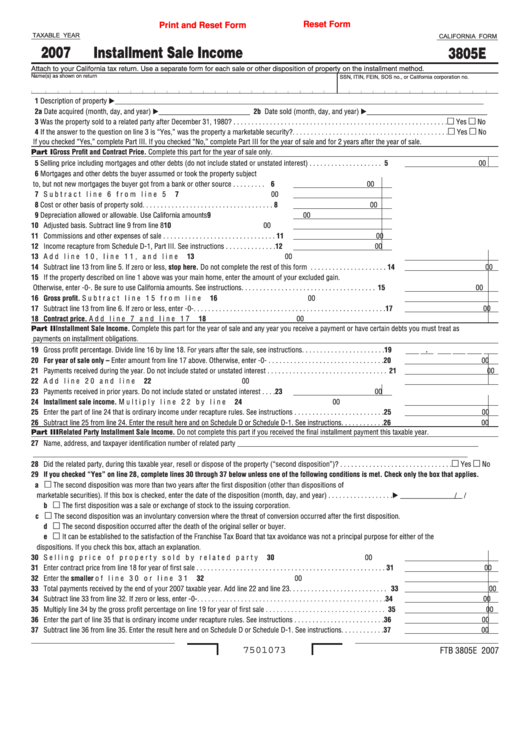 Fillable Form 3805e - Installment Sale Income - 2007 Printable pdf