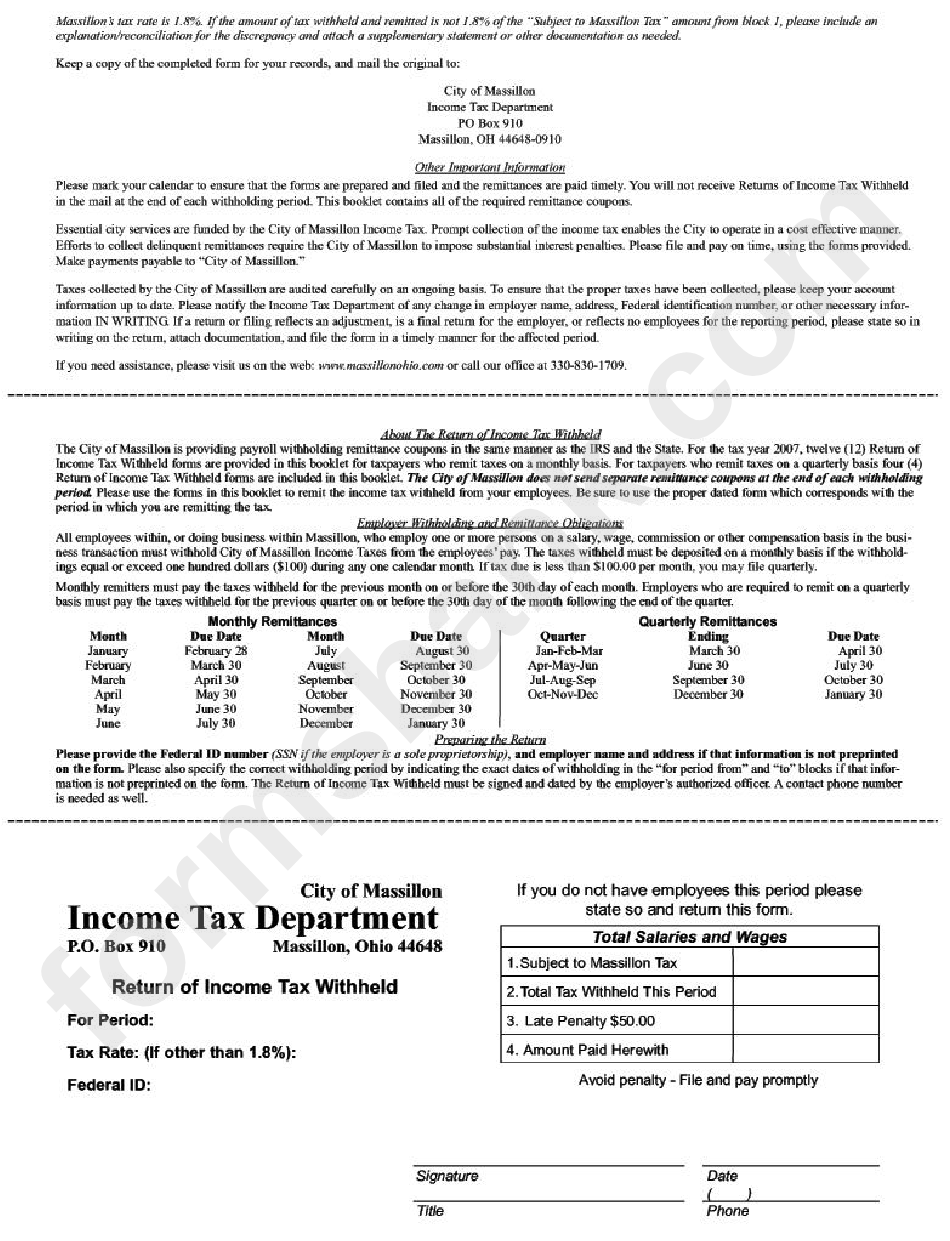 Return Of Income Tax Withheld Form - State Of Ohio