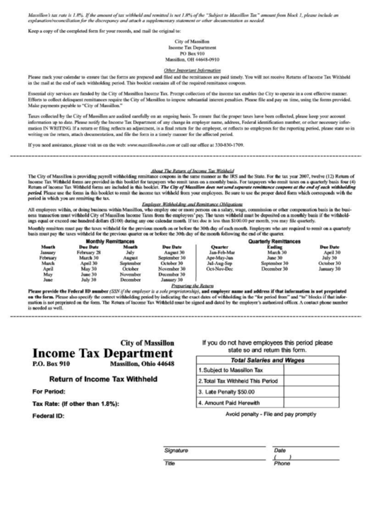 Return Of Income Tax Withheld Form - State Of Ohio Printable pdf