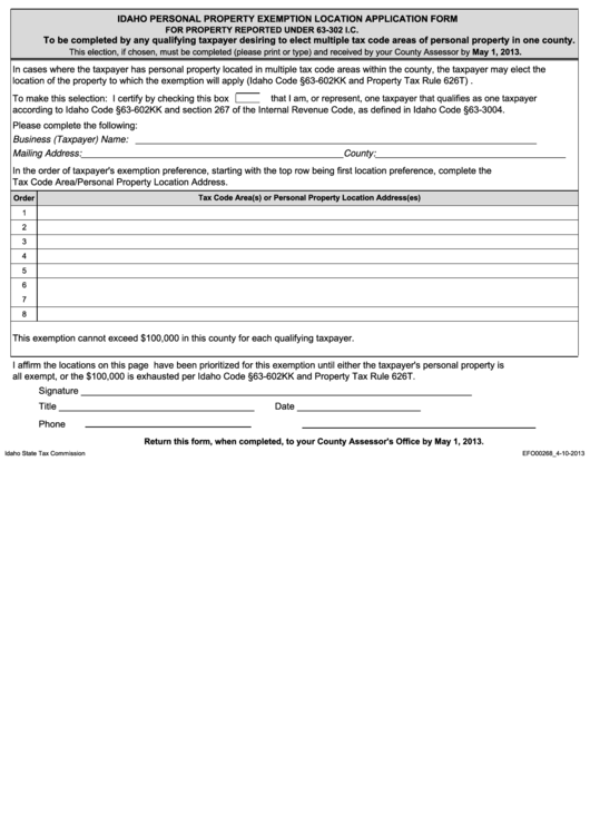 Fillable Idaho Personal Property Exemption Location Application Form Printable pdf
