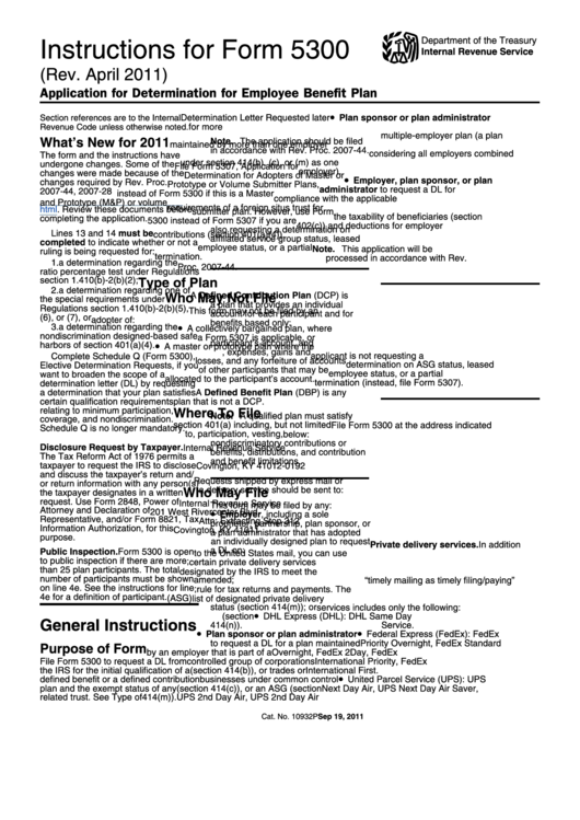 Instructions For Form 5300 - Application For Determination For Employee Benefit Plan - Department Of Treasury Printable pdf