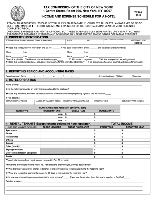 Form Tc208 - Income And Expense Shedule For A Hotel - 2011 Printable pdf