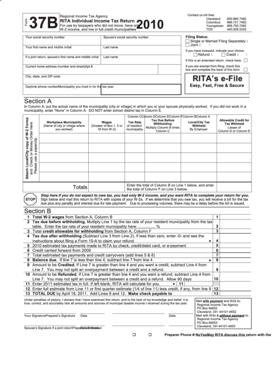 Form 37b - Individual Income Tax Return - 2010 Printable pdf