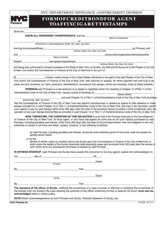 Fillable Form Ctx-Cb - Form Of Credit Bond For Agent To Affix Cigarette Stamp - 2011 Printable pdf