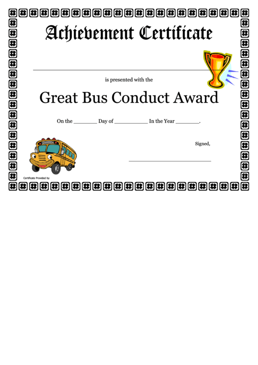 Great Bus Conduct Award - Achievement Certificate Printable pdf