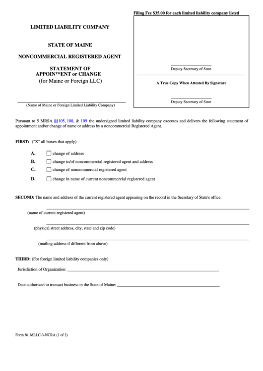 Fillable Form Mllc-3-Ncra - Noncommercial Registered Agent - Statement Of Appointment Or Change - 2011 Printable pdf