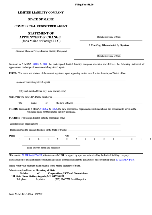 Fillable Form Mllc-3-Cra - Limited Liability Company Statement Of Appointment Or Change Printable pdf