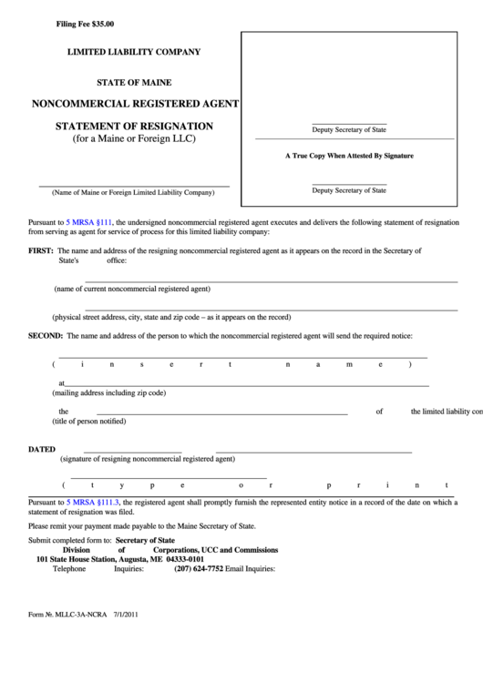 Fillable Form Mllc-3a-Ncra - Noncommercial Registered Agent Statement Of Resignation Printable pdf