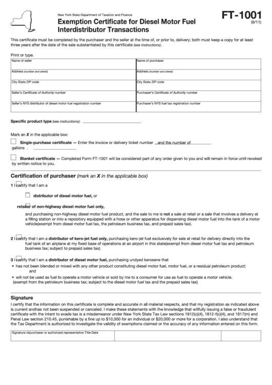 Form Ft-1001 - Exemption Certificate For Diesel Motor Fuel Interdistributor Transactions Printable pdf