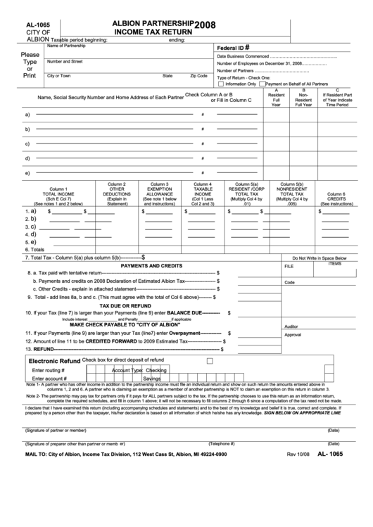 Form Al-1065 - Albion Partnership Income Tax Return - 2008 Printable pdf