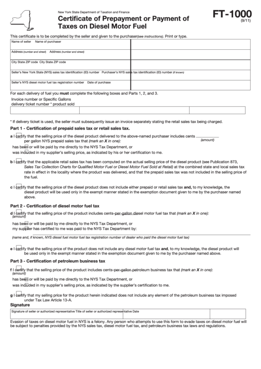 Form Ft-1000 - Certificate Of Prepayment Or Payment Of Taxes On Diesel Motor Fuel Printable pdf