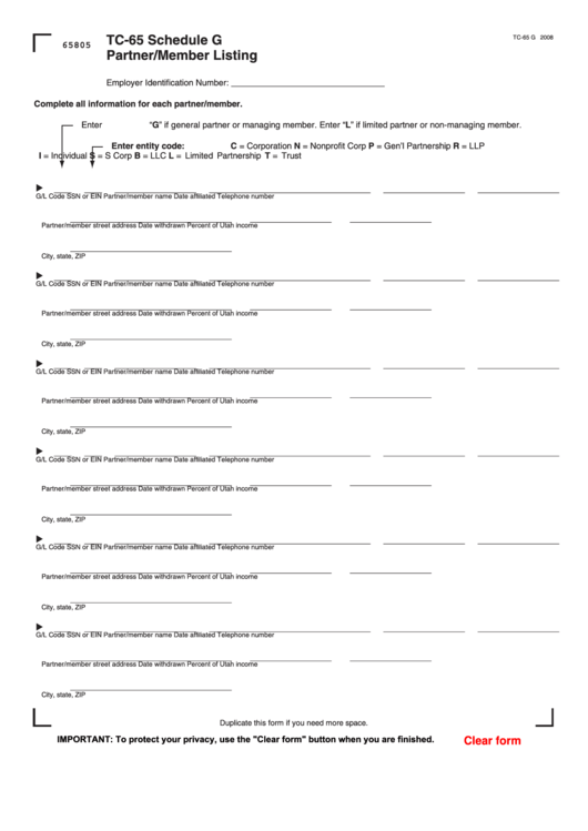 Fillable Form Tc-65 - Schedule G Partner/member Listing Printable pdf