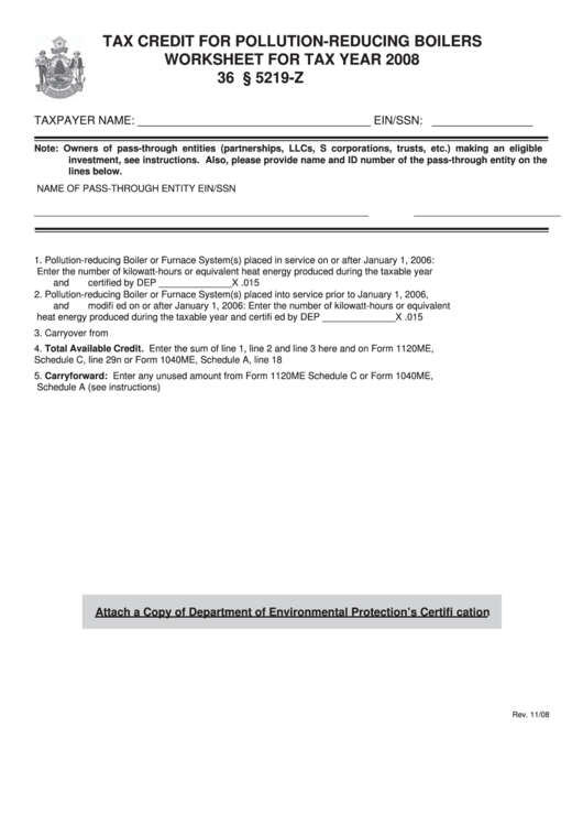 Tax Credit For Pollution-Reducing Boilers Worksheet For Tax Year 2008 Printable pdf