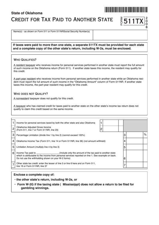Fillable Form 511tx - Credit For Tax Paid To Another State - 2008 Printable pdf