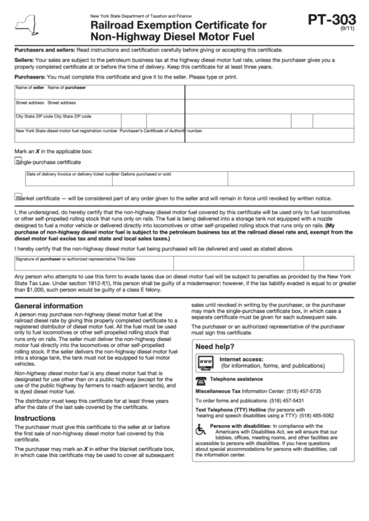 Form Pt-303 - Railroad Exemption Certificate For Non-Highway Diesel Motor Fuel Printable pdf