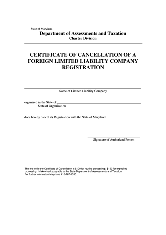Fillable Certificate Of Cancellation Of A Foreign Llc Registration Form Printable pdf