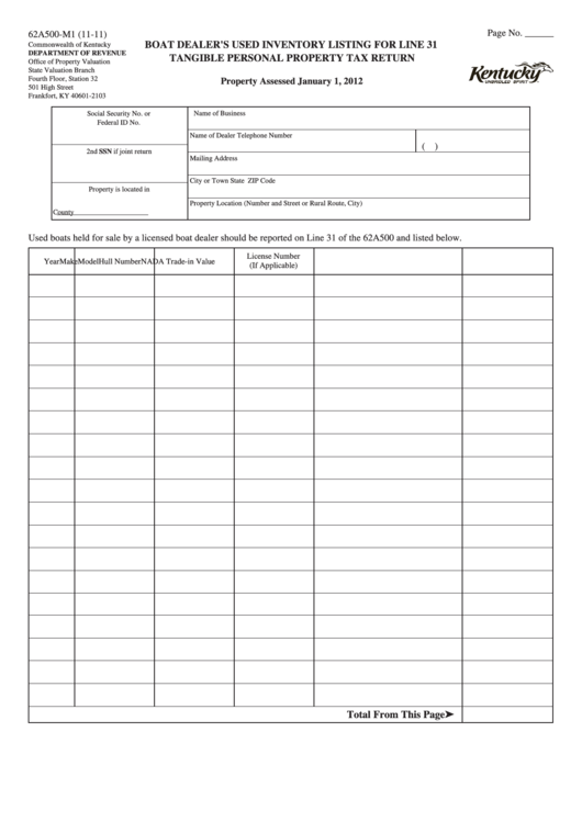 Form 62a500-M1 - Tangible Personal Property Tax Return - 2012 Printable pdf