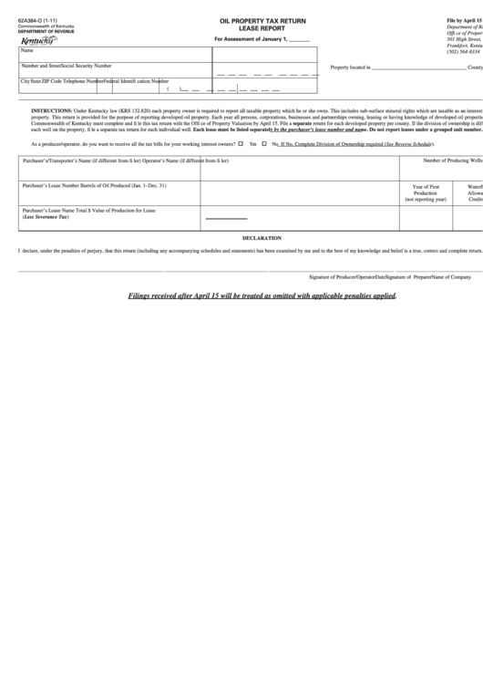 Form 62a384-O - Oil Property Tax Return Lease Report Printable pdf