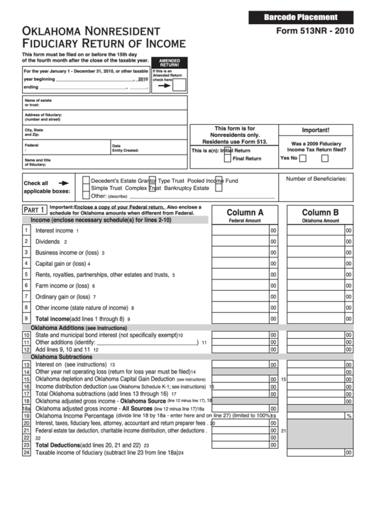 Form 513nr - Oklahoma Nonresident Fiduciary Return Of Income - 2010 Printable pdf