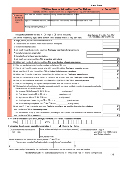 Form 2ez Montana Individual Income Tax Return 2008 Printable Pdf 